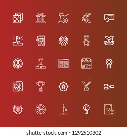 Editable 25 win icons for web and mobile. Set of win included icons line Dice, Prize, Ball, Roulette, Winner, Competition, Medals, Badge, Championship, Playing cards, Pedestal on red