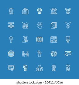 Editable 25 win icons for web and mobile. Set of win included icons line Medal, Win, Prize, Merit, Reward, Laurel, Awards, Gamblers, Ball, Pedestal, Poker table on blue background