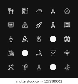 Editable 25 wind icons for web and mobile. Set of wind included icons line Windmill, Ecology, Compass, Wind turbine, Dust, Fan, Kettledrum, Sailing boat, Nuclear energy on black background