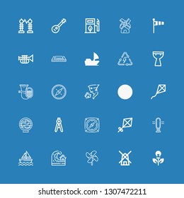 Editable 25 wind icons for web and mobile. Set of wind included icons line Green energy, Mill, Windmill, Tsunami, Sailboat, Fan, Kite, Compass, Ecology, Tornado on blue background