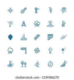 Editable 25 wind icons for web and mobile. Set of wind included icons line Trumpet, Compass, Windmill, Wind, Dandelion, Fan, sign, Rain, Trombone, Flute on white background