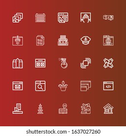 Editable 25 window icons for web and mobile. Set of window included icons line Wood house, Cleaning, Coding, Buildings, Building, Browser, Flower pot, United, Hidrive, Washing on red