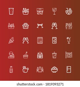 Editable 25 wine icons for web and mobile. Set of wine included icons line Fridge, Salad, Romantic dinner, Coconut drink, Bottle, Bar, Beverage, Vinegar, Champagne, Barman on red