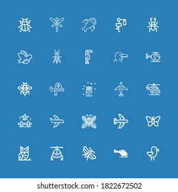 Editable 25 wing icons for web and mobile. Set of wing included icons line Seagull, Helicopter, Moth, Owl, Butterfly, Airplane, Aircraft, Bee, Albatross, Toucan on blue background