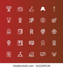 Editable 25 winner icons for web and mobile. Set of winner included icons line Medal, Reward, Trophy, Goal, Certificate, Ribbon, Medals, Billiard, Prize, Target, Darts on red