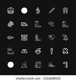 Editable 25 winter icons for web and mobile. Set of winter included icons line Temperature, Boot, Ski, Mountains, Scarf, Thermometer, Elf, Boots, Pine, Gift box on black background