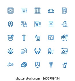 Editable 25 wire icons for web and mobile. Set of wire included icons line Plug, Whisk, Mouse, Paper clip, Iron, Wire, Cable, Usb cable, Earth grid, Bird cage on white background