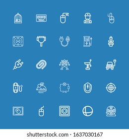 Editable 25 wire icons for web and mobile. Set of wire included icons line Wire, Earth grid, Socket, Mouse, Wiring, Electric, Spring, Electric tower, Paper clip on blue background