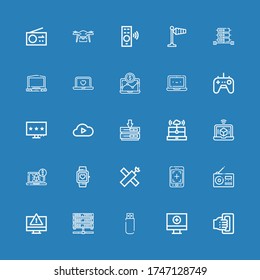 Editable 25 wireless icons for web and mobile. Set of wireless included icons line Handheld, Computer, Usb, Server, Radio, Tablet, Satellite, Smartwatch, Laptop on blue background