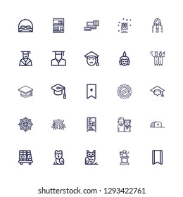 Editable 25 wisdom icons for web and mobile. Set of wisdom included icons line Bookmark, Judge, Owl, Bookshelf, Cap, Graduation, Bookcase, Graduation cap, Dharma wheel on white background