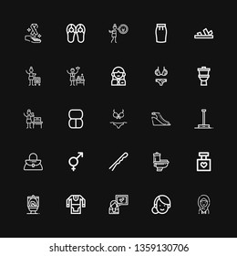 Editable 25 women icons for web and mobile. Set of women included icons line Woman, Tunic, Wc, Perfume, Toilet, Hairpin, Genders, Handbag, Pole dance, Sandals on black background