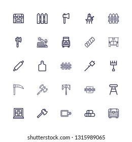 Editable 25 wooden icons for web and mobile. Set of wooden included icons line Chest, Wood, Cutting board, Axe, Window, Stool, Work table, Axes, Scythe, Rake on white background