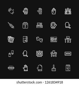 Editable 25 working icons for web and mobile. Set of working included icons line Sketchbook, Broom, Glove, Gloves, Work table, Tv table, Desk, Meeting on black background