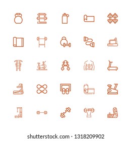 Editable 25 workout icons for web and mobile. Set of workout included icons line Arm, Dumbbell, Barbell, Gym station, Stationary bike, Yoga mat, Doormat, Treadmill on white background