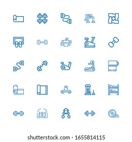 Editable 25 workout icons for web and mobile. Set of workout included icons line Weight plates, Dumbbell, Barbell, Abs, Strength, Weightlifting, Yoga mat, Treadmill on white background