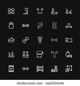 Editable 25 workout icons for web and mobile. Set of workout included icons line Stretching, Arm, Dumbbell, Powder, Weightlifting, Chest expander, Yoga mat on black background