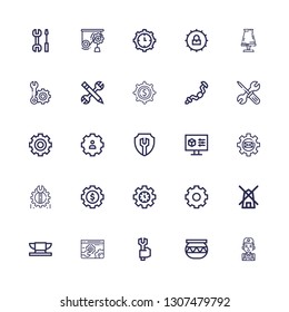 Editable 25 workshop icons for web and mobile. Set of workshop included icons line Mechanic, Pottery, Spanner, Settings, Anvil, Mill, Ratchet, Configuration on white background