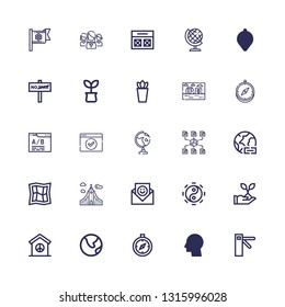 Editable 25 world icons for web and mobile. Set of world included icons line Access, Global, Compass, Earth, Peace, Plant, Taoism, Communication, Iceland, Map on white background