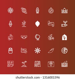 Editable 25 world icons for web and mobile. Set of world included icons line Taj mahal, Browser, Map, Plant, Planet, Iberia, Networking, Environment, Globe, Network, Compass on red