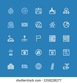 Editable 25 world icons for web and mobile. Set of world included icons line Plant, Pisa, Internet, Stonehenge, Milan, Browser, Homepage, Ngo, Map, Domain, Flag on blue background