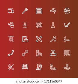 Editable 25 iconos en francés para web y móvil. Conjunto de llave incluidos iconos línea Pipe, Herramientas, Reparación, Mantenimiento, Caja de herramientas, Llave, Ratchet, Configuración, Émbolo, Configuración en rojo