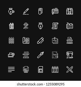 Editable 25 write icons for web and mobile. Set of write included icons line Pen, Crayon, Sheet, Printer, Align left, Resume, Typewriter, Note, Document, Crayons on black background