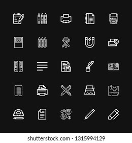 Editable 25 write icons for web and mobile. Set of write included icons line Pen, Pencil, Contact, Paper, Ruler, Note, Typewriter, Printer, Write, Inkwell on black background