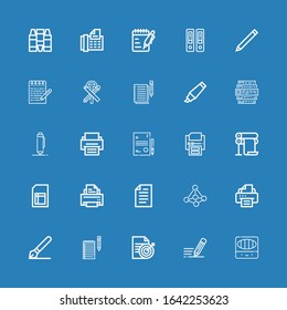 Editable 25 write icons for web and mobile. Set of write included icons line Colored pencils, Write, Document, Notes, Signature, Printer, Contact, Paper, Sheet on blue background