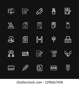 Editable 25 writing icons for web and mobile. Set of writing included icons line Mailbox, Tipi, Contract, Feather, Pencil case, Agreement, Graduation, Write on black background