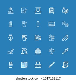Editable 25 writing icons for web and mobile. Set of writing included icons line Contract, Pen, Copywriter, Notepad, Pencil case, Justice, Agreement, Write on blue background
