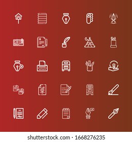 Editable 25 writing icons for web and mobile. Set of writing included icons line Pen, Notepad, Contract, Signature, Mailbox, Write, Spell, Pencil case, Copywriter, Tipi on red