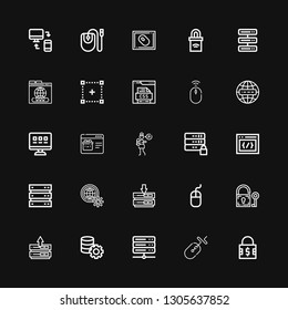 Editable 25 www icons for web and mobile. Set of www included icons line Padlock, Mouse, Server, Internet, Css, Lullaby, Web page, Web, Selection, Domain, Responsive on black background
