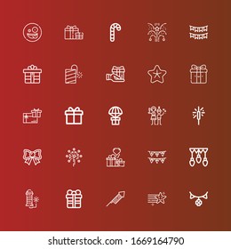 Editable 25 xmas icons for web and mobile. Set of xmas included icons line Garland, Star, Fireworks, Gift, Garlands, Gifts, Bow, Sparkler, Christmas party, Gift card, Petard on red