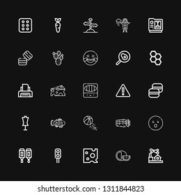 Editable 25 yellow icons for web and mobile. Set of yellow included icons line d, Cheese, Traffic light, Cartridge, Shocked, Carrots, Beach ball, Clown fish on black background