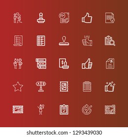 Editable 25 yes icons for web and mobile. Set of yes included icons line Stamp, Check, List, Crossing, Thumbs up, Test, Favourite, Exam, Tasks, Check in, Clipboard, Done on red