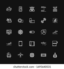 Editable 25 yoga icons for web and mobile. Set of yoga included icons line Buddha, Rug, Chakra, Fitness, Yoga mat, Carpet, Om, Roll, Dharma wheel, Lifestyle on black background