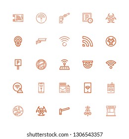 Editable 25 zone icons for web and mobile. Set of zone included icons line Parking, Signal, Biohazard, No sitting, Cigarette, Wifi, Surveillance, No phones on white background