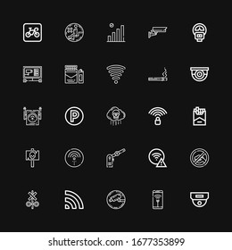 Editable 25 zone icons for web and mobile. Set of zone included icons line Cctv, Wifi, Signal, Parking, Cigarette, Wifi signal, Bio weapon, Surveillance, Parking meter on black background
