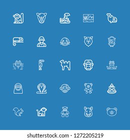 Editable 25 zoo icons for web and mobile. Set of zoo included icons line Bear, Boar, Monkey, Squirrel, Toad, Snake, Sloth, Frog, Gorilla, Camel, Toucan, Hippopotamus on blue background