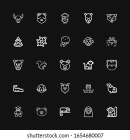 Editable 25 zoo icons for web and mobile. Set of zoo included icons line Monkey, Sloth, Chameleon, Bear, Orca, Frog, Wolf, Sea lion, Crocodile, Tiger, Squirrel on black background