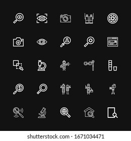 Editable 25 zoom icons for web and mobile. Set of zoom included icons line Search, Searching, Microscope, Explorer, Detective, Magnifying glass, Glass, Binoculars on black background