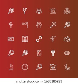Editable 25 zoom icons for web and mobile. Set of zoom included icons line Detective, Photo camera, Magnifying glass, Lens, Microscope, Vision, Search, Observation, Resize on red