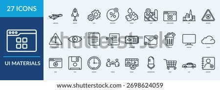 Editable 27 UI materials icons for web and mobile. Set of UI materials included icons line eye, message, trash, desktop, media