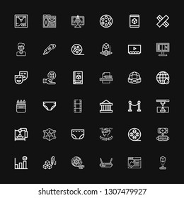Editable 36 3d icons for web and mobile. Set of 3d included icons line Hologram, Design, Vr, Film, d cube, Graph bar, Virtual reality, Film reel, Diaper, Cube on black background