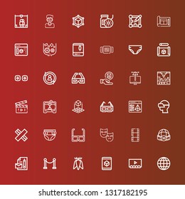 Editable 36 3d icons for web and mobile. Set of 3d included icons line Earth grid, Theater, Cube, Tuber, Red carpet, Branding, Sphere, Film, d glasses, Diaper, Chewing gum on red