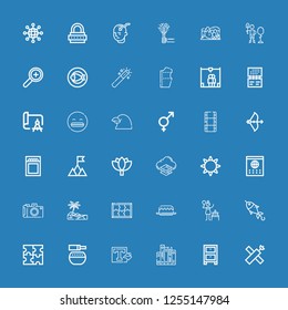 Editable 36 abstract icons for web and mobile. Set of abstract included icons line Satellite, Cabinet, Folder, Background, Standing bell, Puzzle, Fish, Birch on blue background