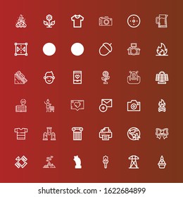 Editable 36 abstract icons for web and mobile. Set of abstract included icons line Flame, Electric tower, Torch, Star, Bonfire, Satellite, Bow, Planet earth, Printer, Column on red