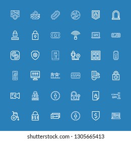 Editable 36 access icons for web and mobile. Set of access included icons line Api, Protection, Restroom, Key, Padlock, Wheelchair, GDPR, Locked, Password, Ticket on blue background