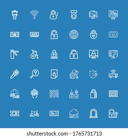 Bearbeitbare 36 Zugriffssymbole für Web und Mobile. Set des Zugriffs mit den Symbolen Zeile Padlock, Lock, Cloud Server, Ticket, Router, Unprotected, Firewall, Handle, Schutz auf blauem Hintergrund