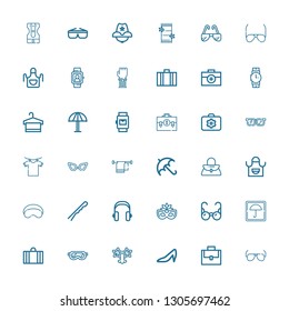 Editable 36 accessory icons for web and mobile. Set of accessory included icons line Sunglasses, Suitcase, Heels, Glasses, Umbrella, Eye mask, Headphones, Hairpin on white background